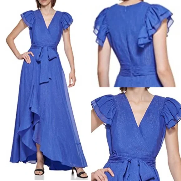 Calvin Klein Womens Chiffon Long Maxi Dress, Royal Lurex